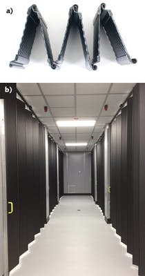 FIGURE 2. The Ever-Guard all-metal laser containment curtain (a) contains high-intensity laser radiation (courtesy of Kentek). This containment system was used by Trumpf at its laser production and testing facility to create a laser-safe corridor in the midst of testing stations for high-power fiber lasers (b; courtesy of Trumpf).