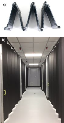FIGURE 2. The Ever-Guard all-metal laser containment curtain (a) contains high-intensity laser radiation (courtesy of Kentek). This containment system was used by Trumpf at its laser production and testing facility to create a laser-safe corridor in the midst of testing stations for high-power fiber lasers (b; courtesy of Trumpf). FIGURE 2. The Ever-Guard all-metal laser containment curtain (a) contains high-intensity laser radiation (courtesy of Kentek). This containment system was used by Trumpf at its laser production and testing facility to create a laser-safe corridor in the midst of testing stations for high-power fiber lasers (b; courtesy of Trumpf).