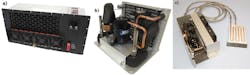FIGURE 3. Various implementations of vapor compression cooling include air cooling (a), liquid cooling (b), and direct refrigerant cooling (c). FIGURE 3. Various implementations of vapor compression cooling include air cooling (a), liquid cooling (b), and direct refrigerant cooling (c).
