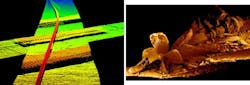 Images acquired by ULS-500 underwater laser scanners include, in color, a pipe survey (left) and, in monochrome, a ship&apos;s propeller and shaft to its right lying on the seafloor (right).