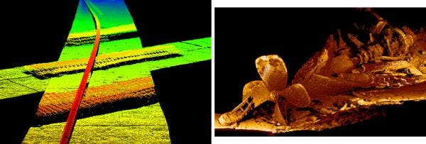 Images acquired by ULS-500 underwater laser scanners include, in color, a pipe survey (left) and, in monochrome, a ship&apos;s propeller and shaft to its right lying on the seafloor (right).