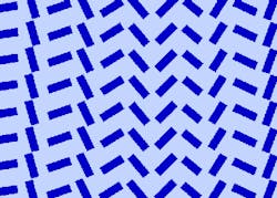A drawing of a section of an off-axis metalens developed at Harvard SEAS shows a spatially varying pattern of rectangles, which in the fabricated device are titanium dioxide (TiO2) nanofins on a glass substrate. The section shown is about 3 µm across. A drawing of a section of an off-axis metalens developed at Harvard SEAS shows a spatially varying pattern of rectangles, which in the fabricated device are titanium dioxide (TiO2) nanofins on a glass substrate. The section shown is about 3 µm across.