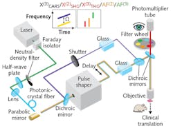 The pulse-shaping multiphoton microscope enables label-free multicontrast nonlinear imaging, including customized excitation for spectral focusing &chi;(3) CARS imaging and local-pulse-compressed &chi;(2) SHG/&chi;(3) THG/AF(2)/AF(3) imaging (color traces indicate spectral-temporal properties of excitation pulses); varying excitation and detection light to generate different imaging contrasts allows the PMT, acting as a human eye, to see the specimen differently (inset).