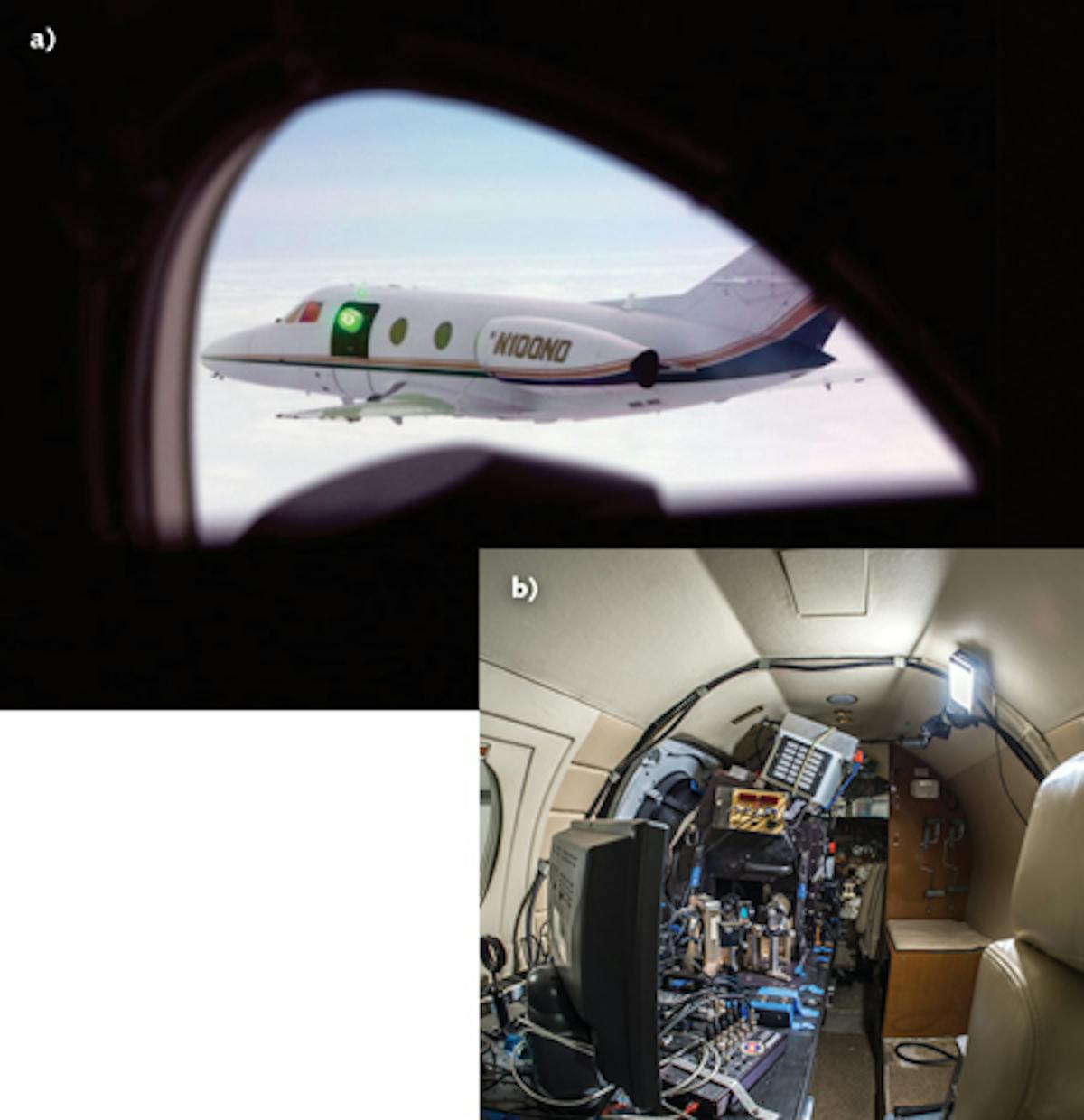 FIGURE 1. The turret of a laboratory aircraft is illuminated (a) by the diverging laser of a source aircraft from which it is viewed; optical aberrations are observed and measured inside the laboratory aircraft (b).