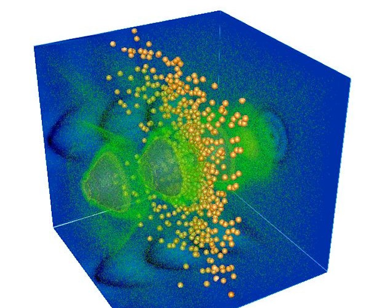 A simulation shows slingshot electrons from a laser wakefield accelerator. (Image credit: Enrico Brunetti, produced with software by OSIRIS/University of Strathclyde)
