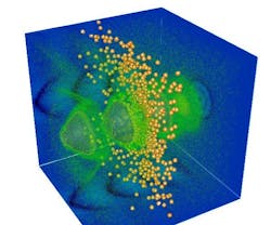 A simulation shows slingshot electrons from a laser wakefield accelerator.