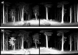 FIGURE 4. The scene in the 1548 nm channel of the DWEL instrument (a) and the same image obtained in the 1064 nm channel (b) are shown. FIGURE 4. The scene in the 1548 nm channel of the DWEL instrument (a) and the same image obtained in the 1064 nm channel (b) are shown.
