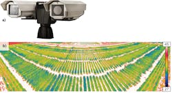 FIGURE 1. A Smartfield (Lubbock, TX) system of cameras and electronic sensors monitors crop canopy temperature (a); repeatability of the pan-tilt positioner allows thermal images to be properly stitched together (b).