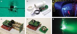 FIGURE 3. Examples of undersea optical communications equipment include a compact 1–5 Mbit/s optical system in a pool test on an autonomous underwater vehicle (a); a compact 1–5 Mbit/s optical transmitter (b); a smart transmitter that sends CDMA-coded signals in directed beams (c); a 1–5 Mbit/s LED optical transmitter with error correction coding provided by an FPGA (d); an optical receiver with FPGA (e); and a 5 Mbit/s optical buoy in turbid water (f). FIGURE 3. Examples of undersea optical communications equipment include a compact 1–5 Mbit/s optical system in a pool test on an autonomous underwater vehicle (a); a compact 1–5 Mbit/s optical transmitter (b); a smart transmitter that sends CDMA-coded signals in directed beams (c); a 1–5 Mbit/s LED optical transmitter with error correction coding provided by an FPGA (d); an optical receiver with FPGA (e); and a 5 Mbit/s optical buoy in turbid water (f).
