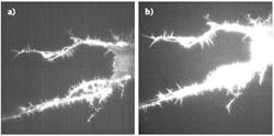 FIGURE 1. Quantum efficiency (QE) compared: an image taken with a camera having a standard 82% QE (a) is contrasted with that for a camera with 95% QE (b), both at a 100-frame average. FIGURE 1. Quantum efficiency (QE) compared: an image taken with a camera having a standard 82% QE (a) is contrasted with that for a camera with 95% QE (b), both at a 100-frame average.