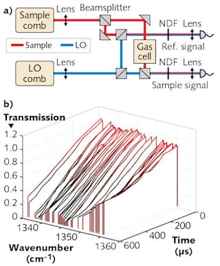 The multiheterodyne beat of two frequency combs with different comb spacings is the basis of a dual-comb spectroscopy technique (a) in which one comb is used as a local oscillator and the other interrogates a sample with a fast detector assessing the sample&apos;s absorption signature. The panel shows the time-resolved absorption with a time step of 10 &mu;s (b).