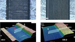 FIGURE 1. Results from picosecond (left) and femtosecond (right) lasers machining a 100µm-wide channel in metal.