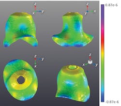 FIGURE 4. In the measured vibration pattern of the bell at 660.3 Hz, distortion is amplified to make it obvious and visible. The brighter the color, the more intense the distortion at those points. FIGURE 4. In the measured vibration pattern of the bell at 660.3 Hz, distortion is amplified to make it obvious and visible. The brighter the color, the more intense the distortion at those points.