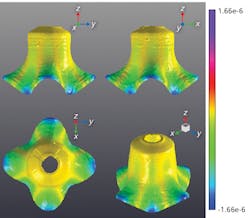 FIGURE 6. The predicted vibration pattern of the bell at 694.5 Hz, distortion is amplified to make it obvious and visible; the brighter the color, the more intense the distortion at those points. FIGURE 6. The predicted vibration pattern of the bell at 694.5 Hz, distortion is amplified to make it obvious and visible; the brighter the color, the more intense the distortion at those points.