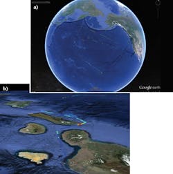SeaFlow enables large-scale continuous measurement, as demonstrated by this depiction of Synechococcus concentration data collected from cruise tracks circa 2014 (a), as well as high-density sampling, as represented by this plot of Prochlorococcus concentration near the Hawaiian Islands (b). SeaFlow enables large-scale continuous measurement, as demonstrated by this depiction of Synechococcus concentration data collected from cruise tracks circa 2014 (a), as well as high-density sampling, as represented by this plot of Prochlorococcus concentration near the Hawaiian Islands (b).