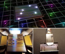 Color-entangled photon states from a photonic chip are manipulated and transmitted via telecommunications systems (top). The photonic chip is used to generate color-entangled photon pairs (lower left). The same photonic chip is connected to optical fiber, allowing the quantum state manipulation with standard telecommunications components (lower right). Color-entangled photon states from a photonic chip are manipulated and transmitted via telecommunications systems (top). The photonic chip is used to generate color-entangled photon pairs (lower left). The same photonic chip is connected to optical fiber, allowing the quantum state manipulation with standard telecommunications components (lower right).