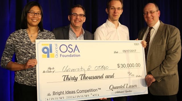 Quantel Laser and the OSA Foundation awarded a check to Harald Schwefel of the University of Otago in New Zealand as the winner of the Bright Ideas Competition for his work in photon-triplet generation for quantum optics and secure communication.