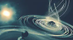 In this illustration, an ultra-intense X-ray laser pulse from SLAC’s Linac Coherent Light Source knocks so many electrons out of a molecule’s iodine atom (right) that the iodine starts pulling in electrons from the rest of the molecule (lower left), like an electromagnetic version of a black hole. Many of the stolen electrons are also knocked out by the laser pulse; then the molecule explodes.