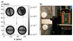 FIGURE 2. A transmission terahertz image detected using a single black phosphorous FET pixel on a moving stage shows water damage in tablets, where (a) shows tablets before water is injected into the top tablet (left) and visible damage to the top tablet (right); note that degradation is not visible to the naked eye (b). FIGURE 2. A transmission terahertz image detected using a single black phosphorous FET pixel on a moving stage shows water damage in tablets, where (a) shows tablets before water is injected into the top tablet (left) and visible damage to the top tablet (right); note that degradation is not visible to the naked eye (b).