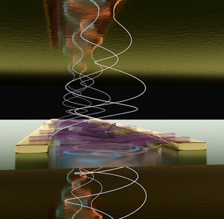 A schematic illustration of the new field-effect transistor device developed by researchers at Heidelberg and St Andrews. The transistor converts electrical current into light-matter quasi-particles and is based on single walled carbon nanotubes that are embedded between two metallic mirrors forming an optical micro-cavity. (Image credit: University of St Andrews)