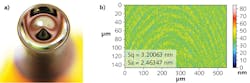 FIGURE 4. Concave surface image (a) and surface roughness profile (b) are shown for a tungsten-carbide optical mold machined with the μ-LAM process. FIGURE 4. Concave surface image (a) and surface roughness profile (b) are shown for a tungsten-carbide optical mold machined with the μ-LAM process.