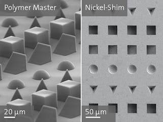 Nickel shim fabricated from a printed polymer structure by electroforming.