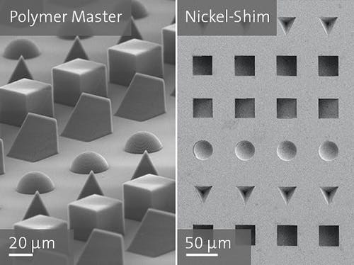 Nickel shim fabricated from a printed polymer structure by electroforming.