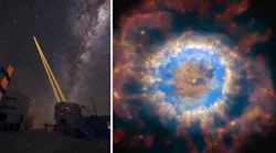 The Four Laser Guide Stars Facility (4LGSF; left) points to the skies during the first observations using the AOF-equipped MUSE instrument (image: Roland Bacon). NGC 6369 (right), known as the Little Ghost Nebula, is a planetary nebula in the constellation Ophiuchus, the serpent-bearer. The nebula is relatively faint with an apparent magnitude of 12.9. The clear detail of this image shows the power of the AOF-equipped MUSE instrument of the VLT. The white-dwarf star is clearly visible in the middle of the nebular gas, which is expanding out in rings (image: ESO/P. Weilbacher, AIP).