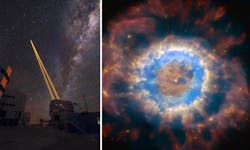 The Four Laser Guide Stars Facility (4LGSF; left) points to the skies during the first observations using the AOF-equipped MUSE instrument (image: Roland Bacon). NGC 6369 (right), known as the Little Ghost Nebula, is a planetary nebula in the constellation Ophiuchus, the serpent-bearer. The nebula is relatively faint with an apparent magnitude of 12.9. The clear detail of this image shows the power of the AOF-equipped MUSE instrument of the VLT. The white-dwarf star is clearly visible in the middle of the nebular gas, which is expanding out in rings (image: ESO/P. Weilbacher, AIP). The Four Laser Guide Stars Facility (4LGSF; left) points to the skies during the first observations using the AOF-equipped MUSE instrument (image: Roland Bacon). NGC 6369 (right), known as the Little Ghost Nebula, is a planetary nebula in the constellation Ophiuchus, the serpent-bearer. The nebula is relatively faint with an apparent magnitude of 12.9. The clear detail of this image shows the power of the AOF-equipped MUSE instrument of the VLT. The white-dwarf star is clearly visible in the middle of the nebular gas, which is expanding out in rings (image: ESO/P. Weilbacher, AIP).