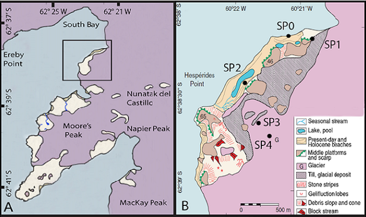 The Hurd Peninsula of Livingston Island (a) with inset (b) showing geomorphological features of the sampling area. (Image credit: Biogeosciences)