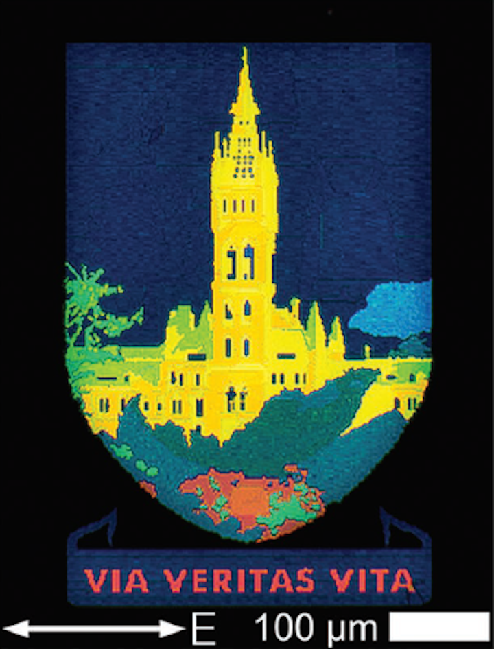 Scientists have developed a new form of high-resolution printing--displaying here the famous tower at the University of Glasgow--that could have wide-ranging applications in data storage, anti-counterfeiting measures, and digital imaging. (Image credit: University of Glasgow)