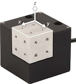 FIGURE 2. The NanoCube includes a parallel kinematics XYZ piezo scanner, with 100 &mu;m motion and subnanometer resolution (Model P-616). It is similar to the arrangement of six struts in the hexapod in that it uses three internal actuators in a parallel arrangement to affect the motion-output platform (silver). Integrated position sensors provide feedback to a high-bandwidth closed-loop controller for absolute position information in real time.