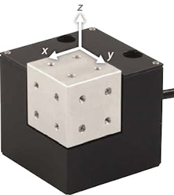 FIGURE 2. The NanoCube includes a parallel kinematics XYZ piezo scanner, with 100 μm motion and subnanometer resolution (Model P-616). It is similar to the arrangement of six struts in the hexapod in that it uses three internal actuators in a parallel arrangement to affect the motion-output platform (silver). Integrated position sensors provide feedback to a high-bandwidth closed-loop controller for absolute position information in real time. FIGURE 2. The NanoCube includes a parallel kinematics XYZ piezo scanner, with 100 μm motion and subnanometer resolution (Model P-616). It is similar to the arrangement of six struts in the hexapod in that it uses three internal actuators in a parallel arrangement to affect the motion-output platform (silver). Integrated position sensors provide feedback to a high-bandwidth closed-loop controller for absolute position information in real time.