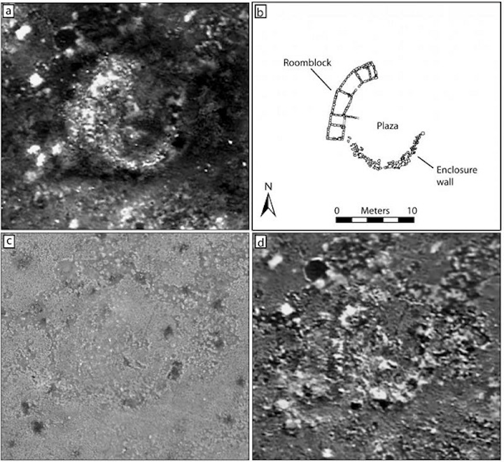 A Chaco-era room block at Blue J, NM as it appears in (a) 5:18 am thermal image; (b) architectural plan produced by test excavations; (c) a color image, and thermal images from (d) 6:18 am. (Image credit: Jesse Casana, John Kantner, Adam Wiewel, and Jackson Cothren/Dartmouth College)