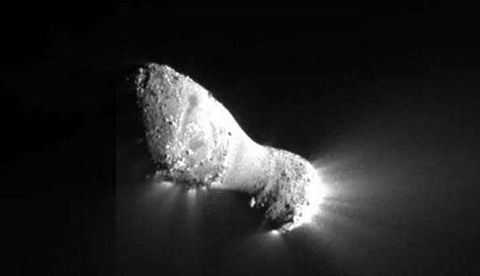Comet Hartley 2 can be seen in detail in this image from NASA&apos;s EPOXI mission. It was taken as the spacecraft flew by from about 435 miles. The comet&apos;s nucleus, or main body, is about 1.2 miles long and jets can be seen streaming out of the nucleus. A Goddard team would like to use a microbolometer to study these objects in greater detail.