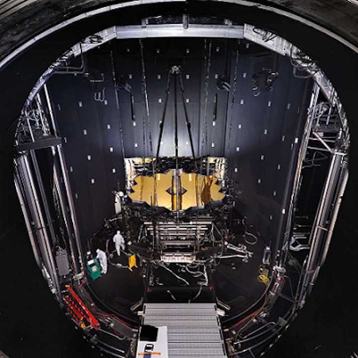 NASA's James Webb Space Telescope (JWST) is suspended from Minus K vibration isolators on top of Chamber A at NASA's Johnson Space Center in Houston. (Image credit: NASA/Chris Gunn)