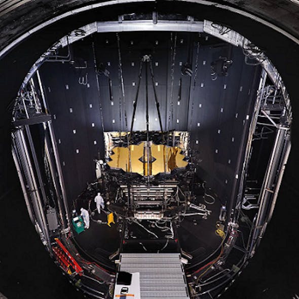 NASA&apos;s James Webb Space Telescope (JWST) is suspended from Minus K vibration isolators on top of Chamber A at NASA&apos;s Johnson Space Center in Houston.