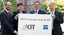 (From left to right): Martin Hermatschweiler, CEO of Nanoscribe, Prof. Dr. Thomas Hirth, vice president of KIT for Innovation and International Affairs at KIT, Prof. Dr. Michael Kaschke, president and CEO of ZEISS, Prof. Dr.-Ing. Holger Hanselka, president of KIT.
