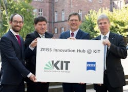 (From left to right): Martin Hermatschweiler, CEO of Nanoscribe, Prof. Dr. Thomas Hirth, vice president of KIT for Innovation and International Affairs at KIT, Prof. Dr. Michael Kaschke, president and CEO of ZEISS, Prof. Dr.-Ing. Holger Hanselka, president of KIT.