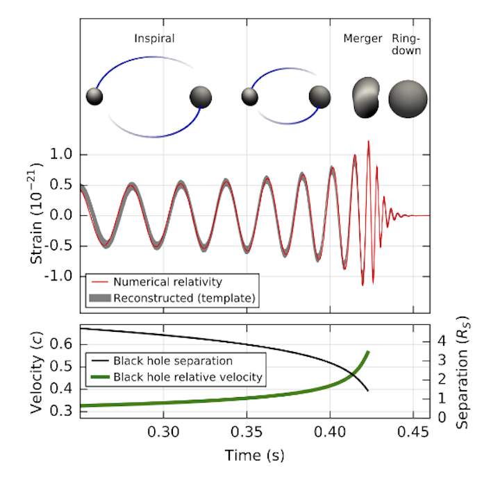 The calculated gravitational wave amplitude is shown for colliding black holes (top). The Keplerian effective black hole separation, in units of the Schwarzschild radius, and relative velocity, in units of the speed of light, are shown (bottom). (Image credit: The Royal Swedish Academy of Sciences)