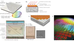 An illustration (a) shows CVD graphene transferred onto a single CMOS die (15.1 × 14.3 mm) with standard ROIC components in a 388 × 288 pixel array. The side view (b) shows the graphene layer and application of lead-sulfide (PbS) quantum dots and (c) their pixel architecture. On QD light absorption, an electron-hole pair is generated, the hole transfers to the graphene, and the electron is trapped in the QD; per the schematic (d), the balanced readout scheme is detailed into typical CMOS functional areas with a particular pixel pattern (e), as shown in the expanded areas (before QD application for clarity).