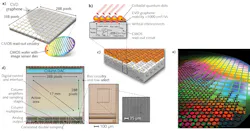 An illustration (a) shows CVD graphene transferred onto a single CMOS die (15.1 × 14.3 mm) with standard ROIC components in a 388 × 288 pixel array. The side view (b) shows the graphene layer and application of lead-sulfide (PbS) quantum dots and (c) their pixel architecture. On QD light absorption, an electron-hole pair is generated, the hole transfers to the graphene, and the electron is trapped in the QD; per the schematic (d), the balanced readout scheme is detailed into typical CMOS functional areas with a particular pixel pattern (e), as shown in the expanded areas (before QD application for clarity).