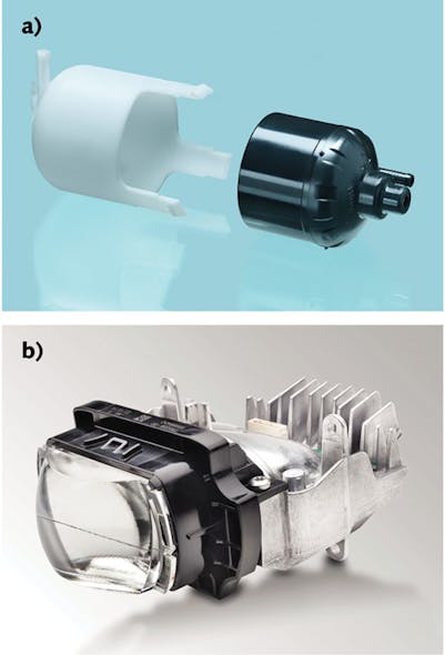 FIGURE 3. Welding of plastic on plastic requires very special laser parameters: (a) an automotive pump with two polymer parts welded in 1 s with one laser shot (courtesy of LIMO) and (b) an integrated LED headlight are shown; polymer optics were laser-welded with the main body in one shot (courtesy of Hella).