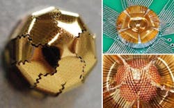 A flat silicon membrane carrying a hexagonal sensor array is carved up just right (left) so that it can be folded into a geodesic dome shape (actually, a truncated dodecahedron), making it into a curved image sensor. Concave (top right) and convex (bottom right) versions can be made.