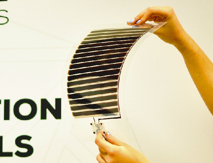 Flexible, printed perovskite solar cells have been scaled up to the size of an A4 sheet of paper. (Image credit: Saule Technologies)