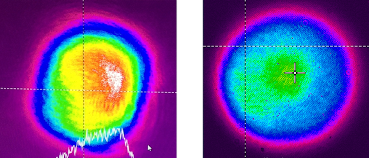 Pre-upgrade (left beam profile) images show a commercial flashlamp-pumped amplifier system producing irregular spatial profile and ± 10% energy fluctuations. Post-upgrade (right beam profile) images from a custom SLAC built diode-pumped amplifier system produce a smooth spatial profile with ± 2% energy fluctuations. (Image credit: SLAC)