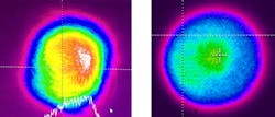 Pre-upgrade (left beam profile) images show a commercial flashlamp-pumped amplifier system producing irregular spatial profile and ± 10% energy fluctuations. Post-upgrade (right beam profile) images from a custom SLAC built diode-pumped amplifier system produce a smooth spatial profile with ± 2% energy fluctuations. Pre-upgrade (left beam profile) images show a commercial flashlamp-pumped amplifier system producing irregular spatial profile and ± 10% energy fluctuations. Post-upgrade (right beam profile) images from a custom SLAC built diode-pumped amplifier system produce a smooth spatial profile with ± 2% energy fluctuations.