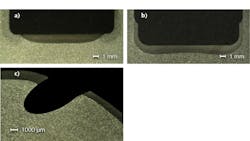 FIGURE 3. Optical micrographs of cross-section of hardened areas and hardening through a hole: the result of band hardening (a) and band and fillet hardening with controlled depth along the hardened zone (b). DSS allows hardening around a hole with no negative impact on the metallurgical properties of the part (c).