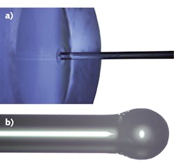 FIGURE 5. A 400-μm-diameter fiber is spliced to a 10 mm diameter end cap (a), and an 800-μm-diameter ball lens is fabricated on the end of a 600-μm-diameter fiber (b). FIGURE 5. A 400-μm-diameter fiber is spliced to a 10 mm diameter end cap (a), and an 800-μm-diameter ball lens is fabricated on the end of a 600-μm-diameter fiber (b).