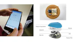 The UV Sense wearable UV dosimeter is seen at left mounted on someone's fingernail; when the device is swiped across a smartphone, an LED in the device communicates accumulated UV dose to the phone. Upper right is the device's electronics; lower device is an expanded view (although not pointing out the UV photosensor itself).